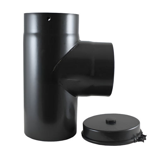 Evaflue Stove Pipe - 90° Tee Piece with Cap - Black Vitreous Enamel